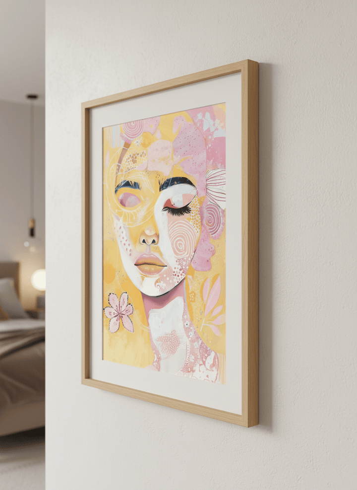 Minimalist artwork displayed in a calm, light-filled bedroom interior