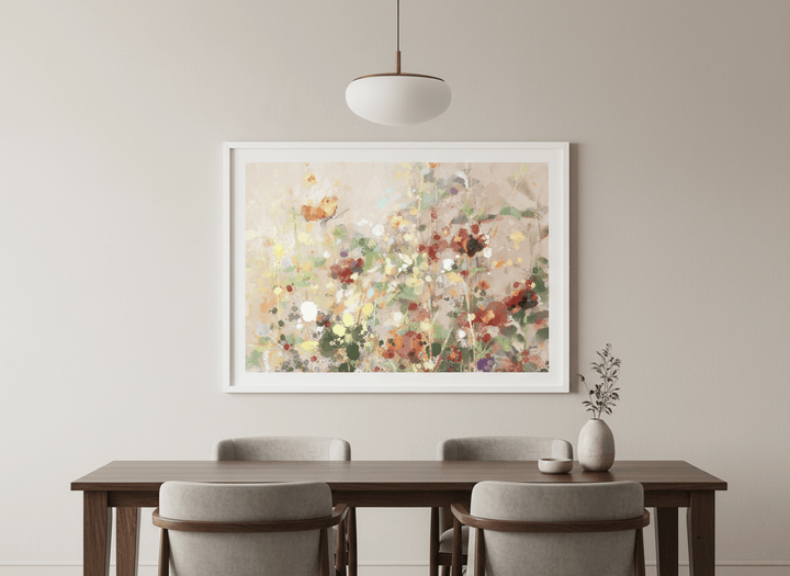 Wall art styled above a dining table in a contemporary home