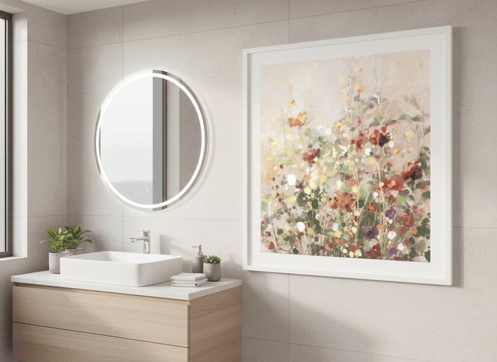 Modern print displayed in a clean minimalist bathroom setting