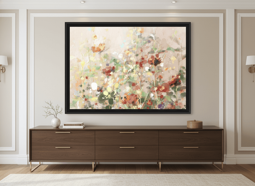 Monumental artwork centred on a feature wall in a luxe interior