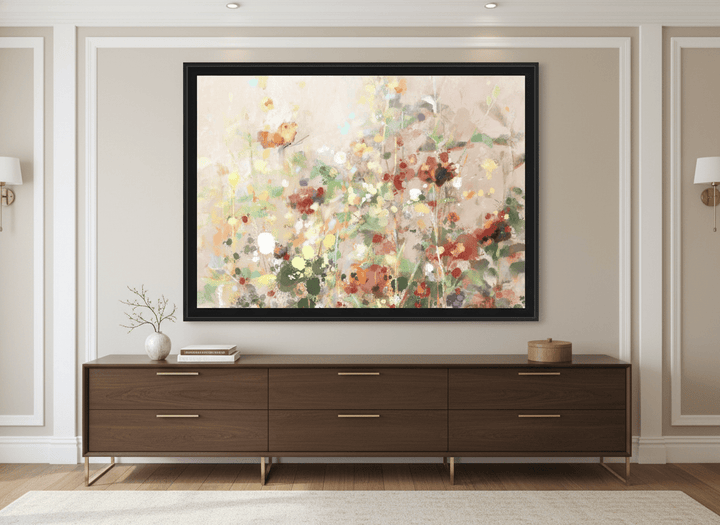 Monumental artwork centred on a feature wall in a luxe interior