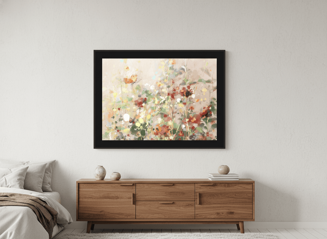 Minimalist artwork displayed in a calm, light-filled bedroom interior