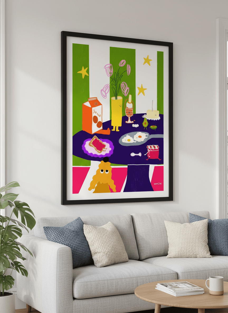 Modern wall art styled above a sofa in a neutral living room