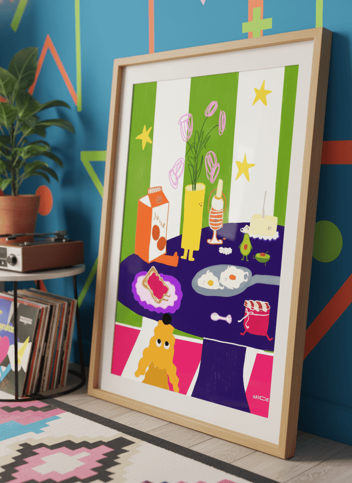 Bold wall art styled in a colourful, eclectic modern home