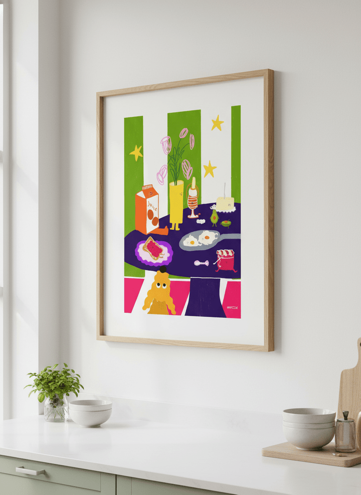 Artwork styled on the wall of a bright modern kitchen