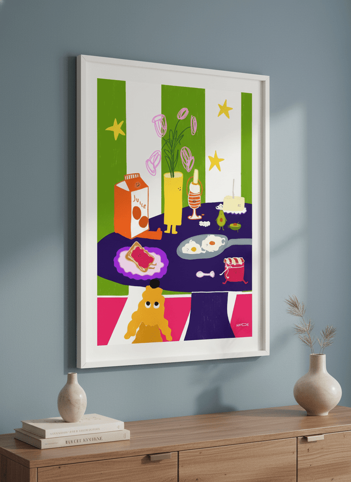 Wall art styled above a dining table in a contemporary home