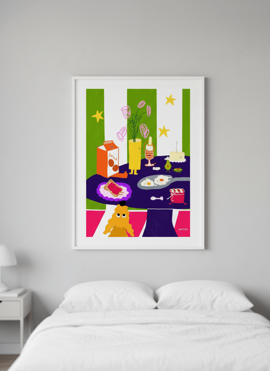 Minimalist artwork displayed in a calm, light-filled bedroom interior