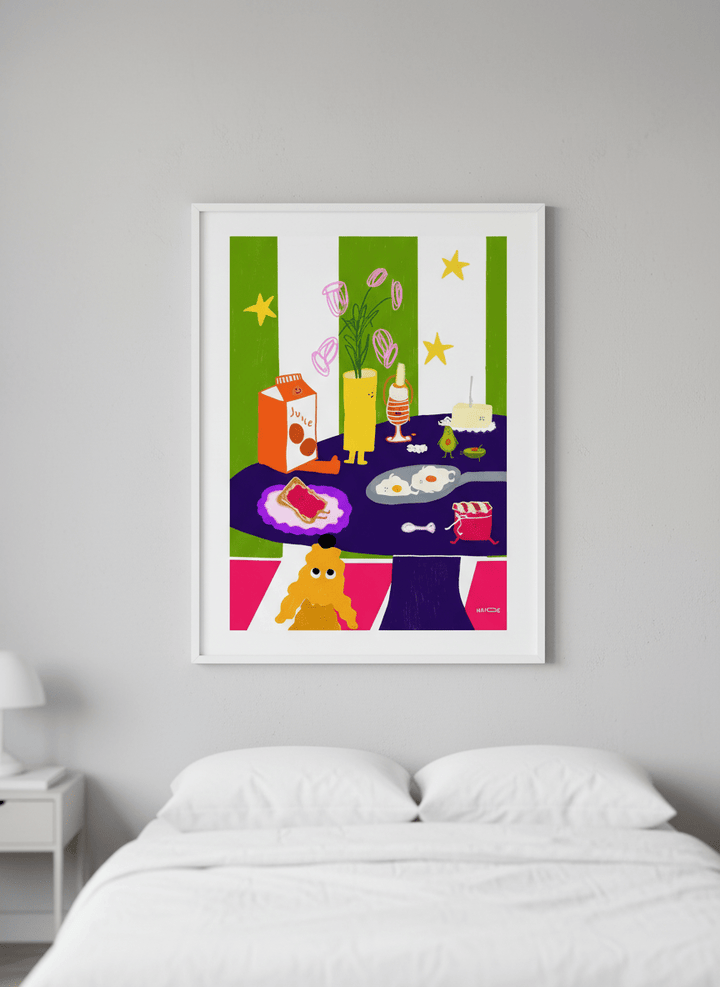 Minimalist artwork displayed in a calm, light-filled bedroom interior