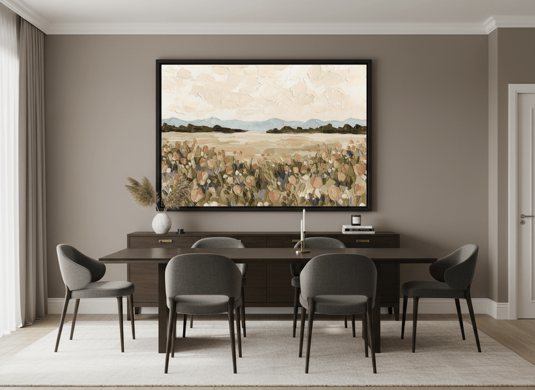 Monumental artwork centred on a feature wall in a luxe interior
