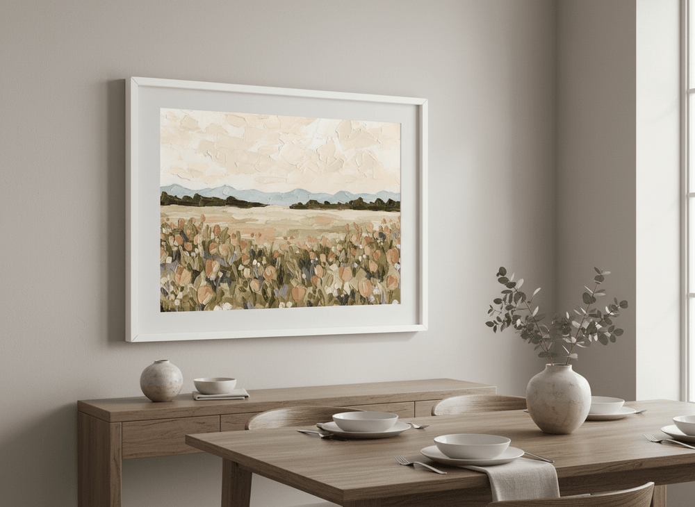 Wall art styled above a dining table in a contemporary home
