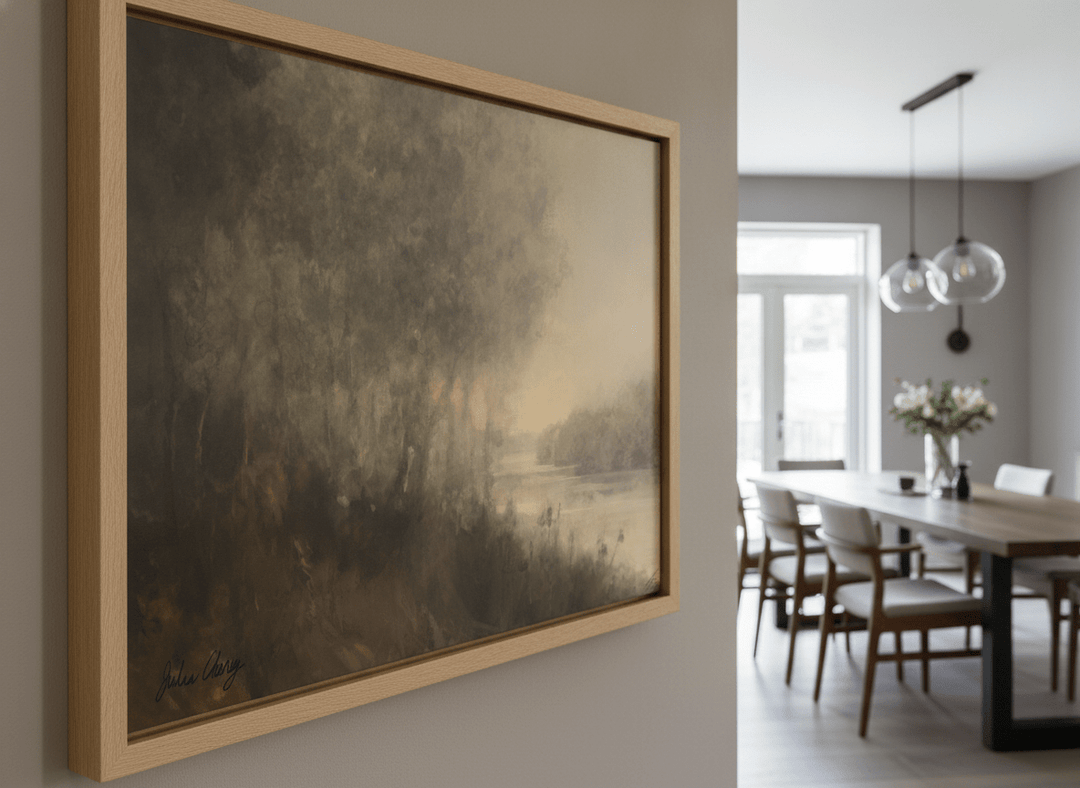 Wall art styled above a dining table in a contemporary home