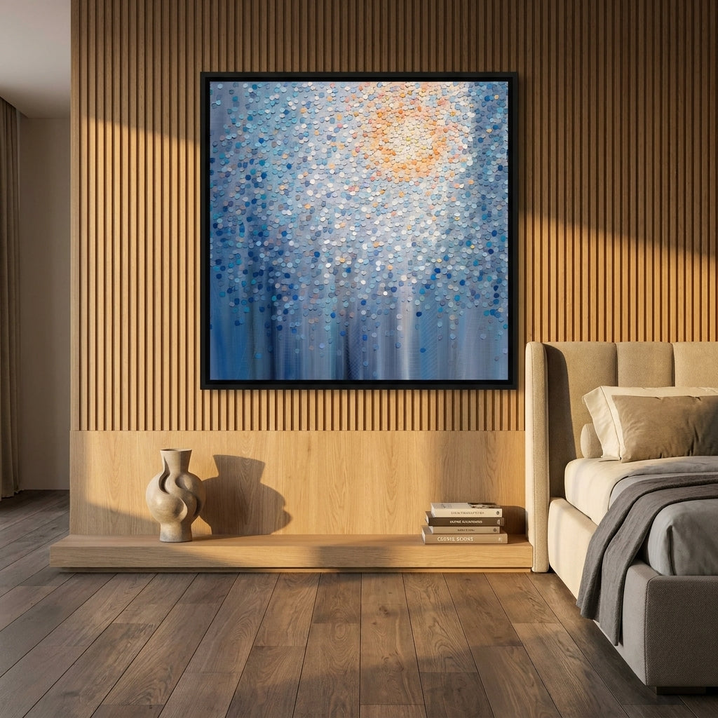 Oversized statement canvas wall art with a black surround styled on the wall in a luxe bedroom