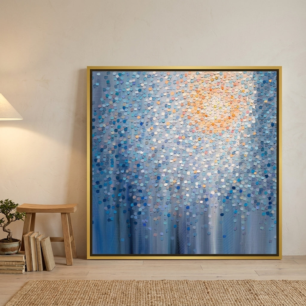 Oversized statement canvas wall art with a gold leaf surround leaning against the wall in a warm Japandi dining room