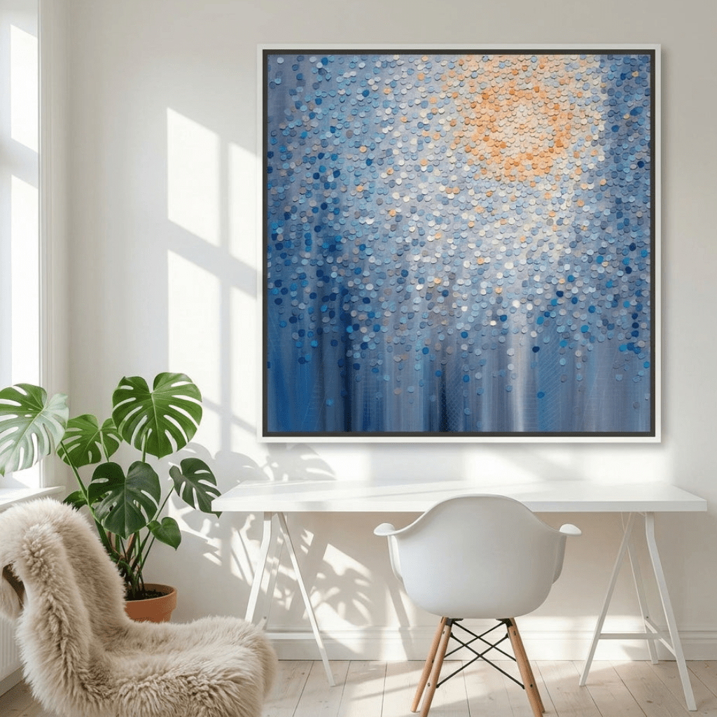 Canvas wall art with a white surround styled on the wall in a bright Scandinavian home office
