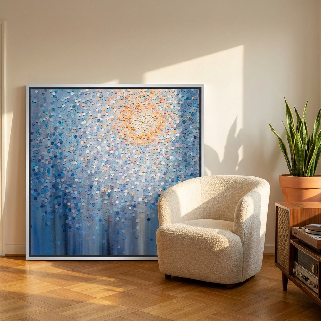 Canvas wall art with a silver leaf surround leaning against the wall in a mid-century living room