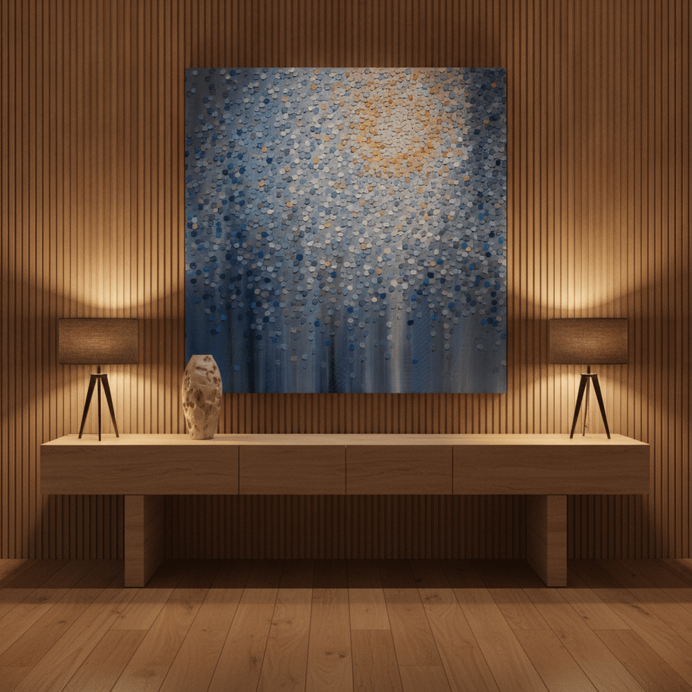 Stretched canvas wall art styled on the wall in a luxe living room