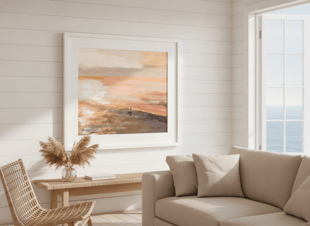 Neutral wall art displayed in a sunny coastal beach house