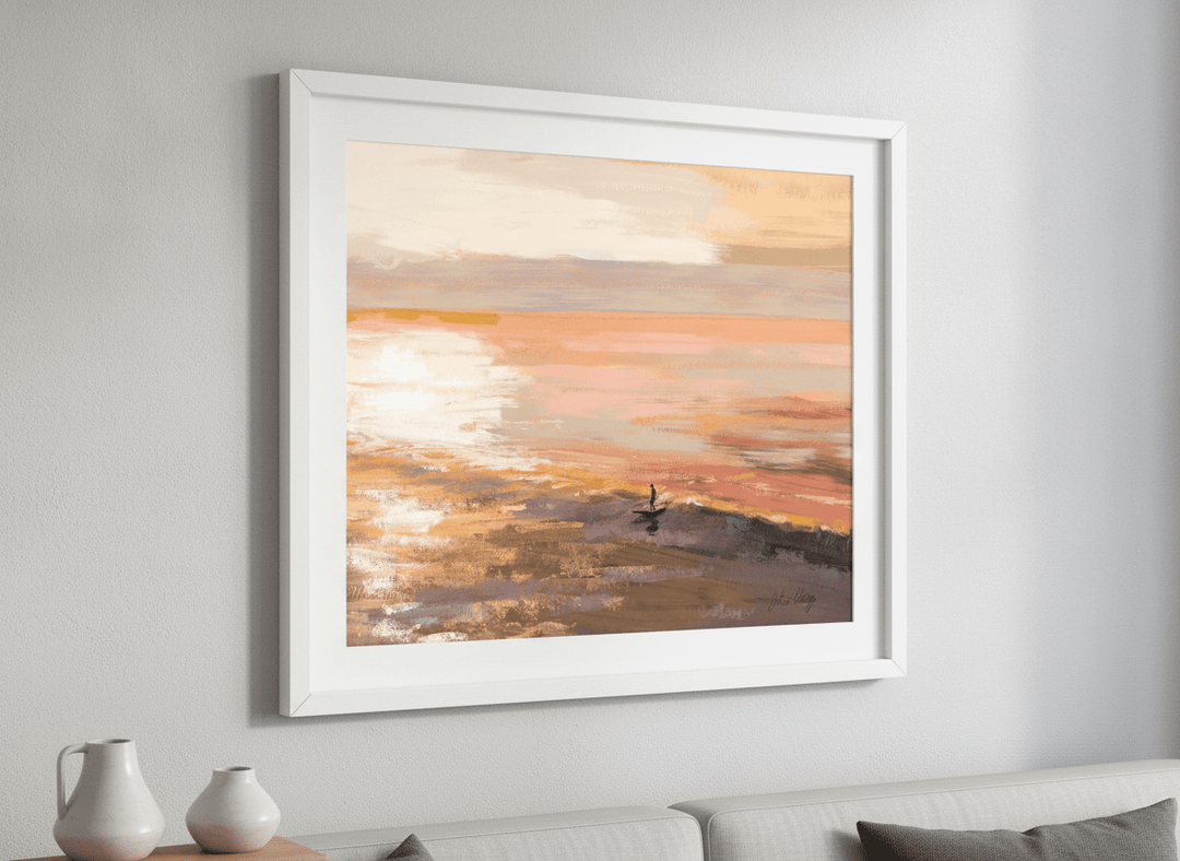 Modern wall art styled above a sofa in a neutral living room