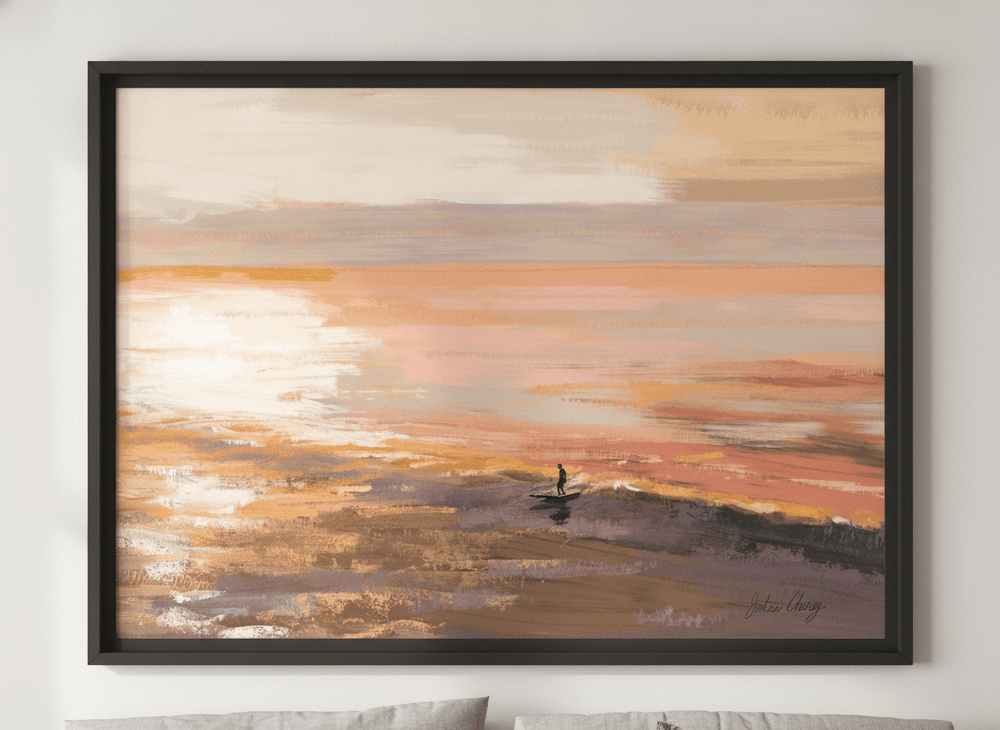 Minimalist artwork displayed in a calm, light-filled bedroom interior