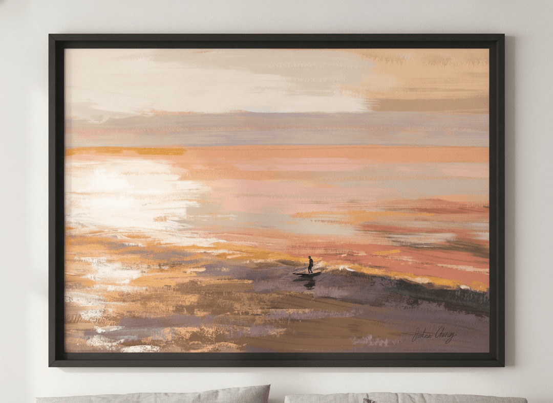 Minimalist artwork displayed in a calm, light-filled bedroom interior