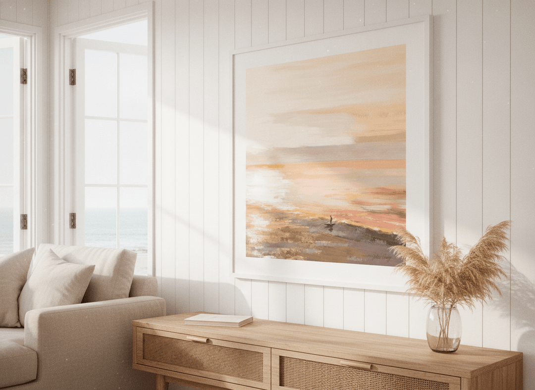 Neutral wall art displayed in a sunny coastal beach house