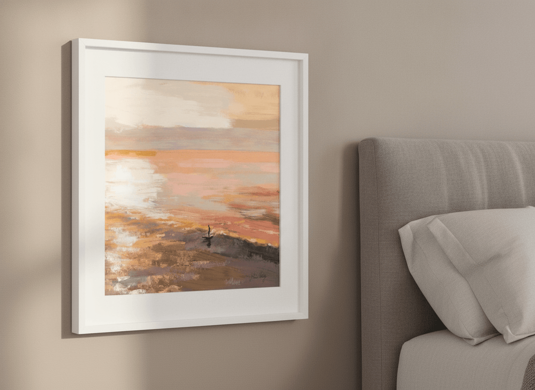 Minimalist artwork displayed in a calm, light-filled bedroom interior