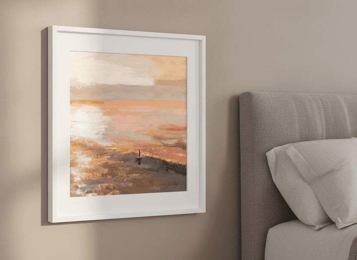 Minimalist artwork displayed in a calm, light-filled bedroom interior
