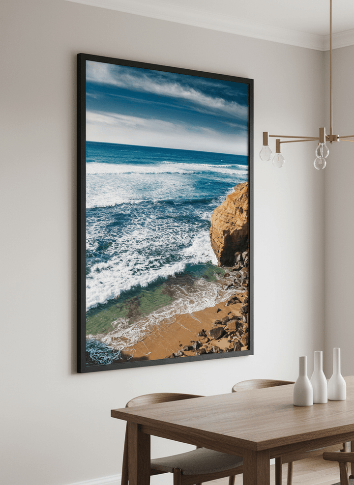 Wall art styled above a dining table in a contemporary home