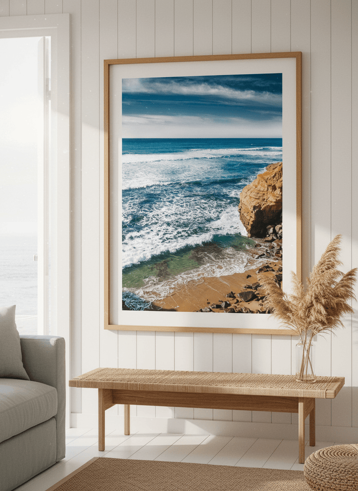 Neutral wall art displayed in a sunny coastal beach house