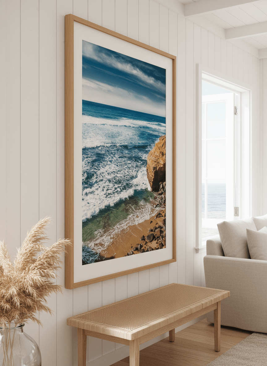 Neutral wall art displayed in a sunny coastal beach house