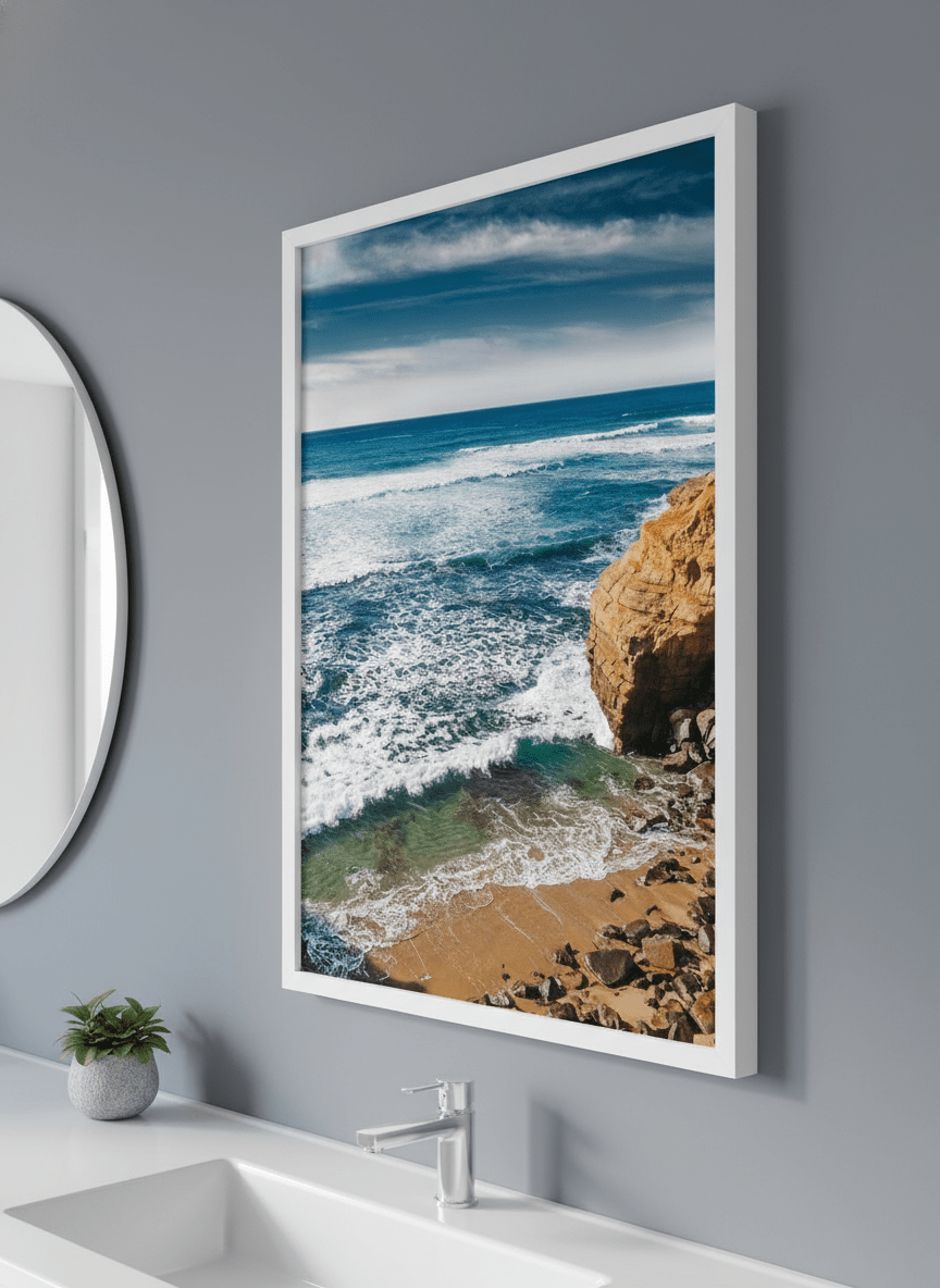 Modern print displayed in a clean minimalist bathroom setting