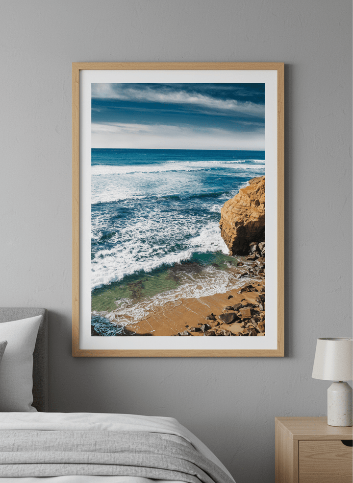 Minimalist artwork displayed in a calm, light-filled bedroom interior
