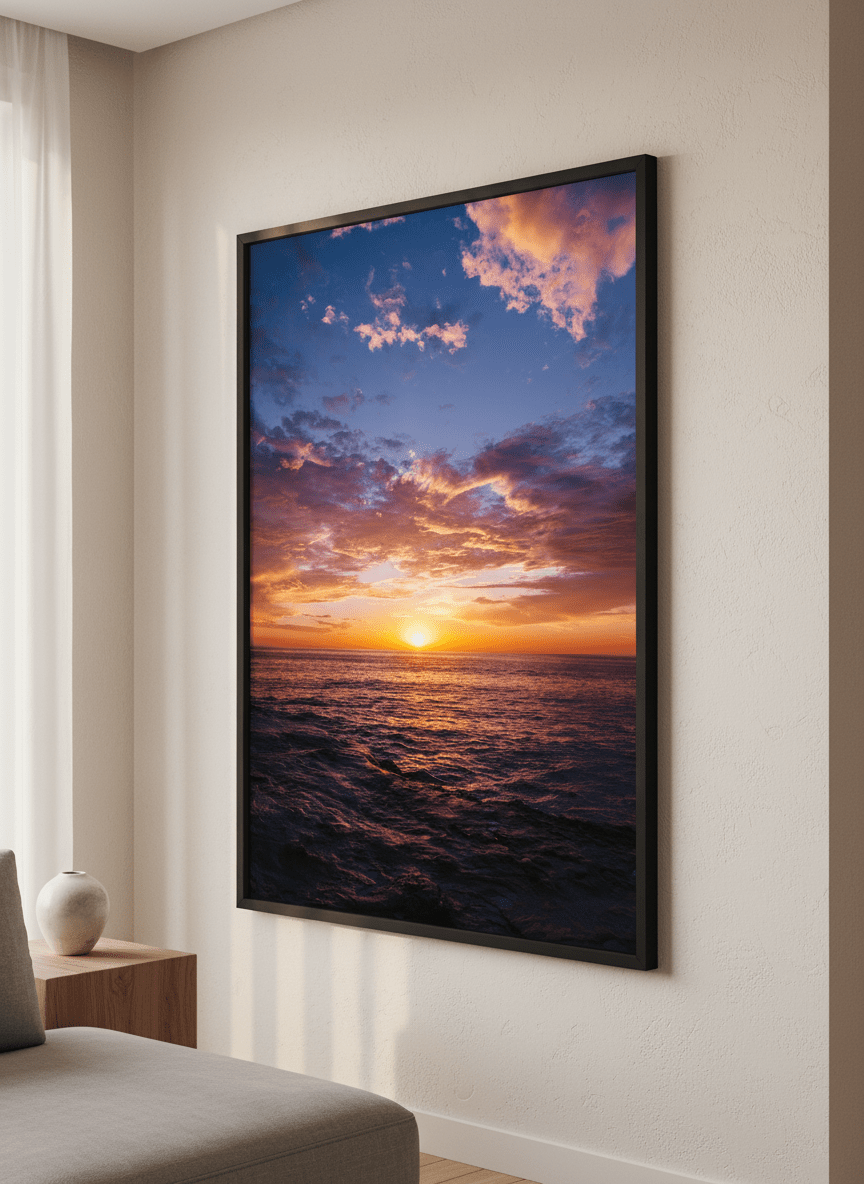 Modern wall art styled above a sofa in a neutral living room