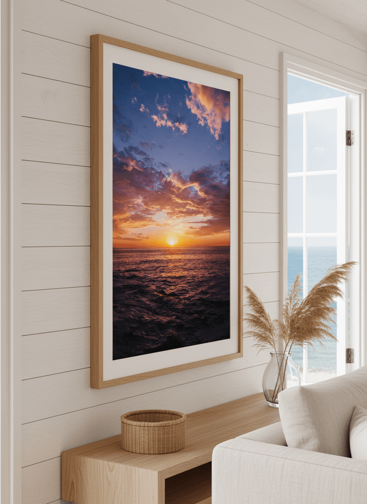 Neutral wall art displayed in a sunny coastal beach house