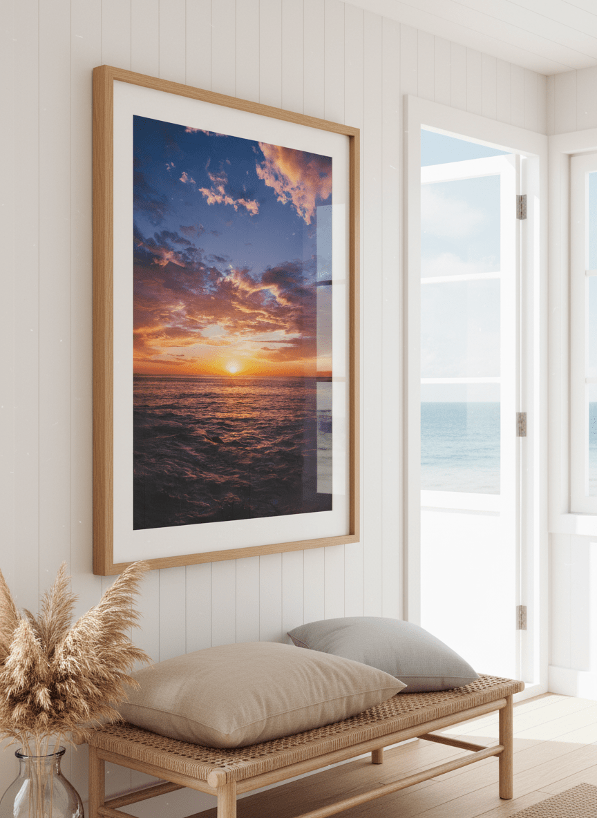 Neutral wall art displayed in a sunny coastal beach house