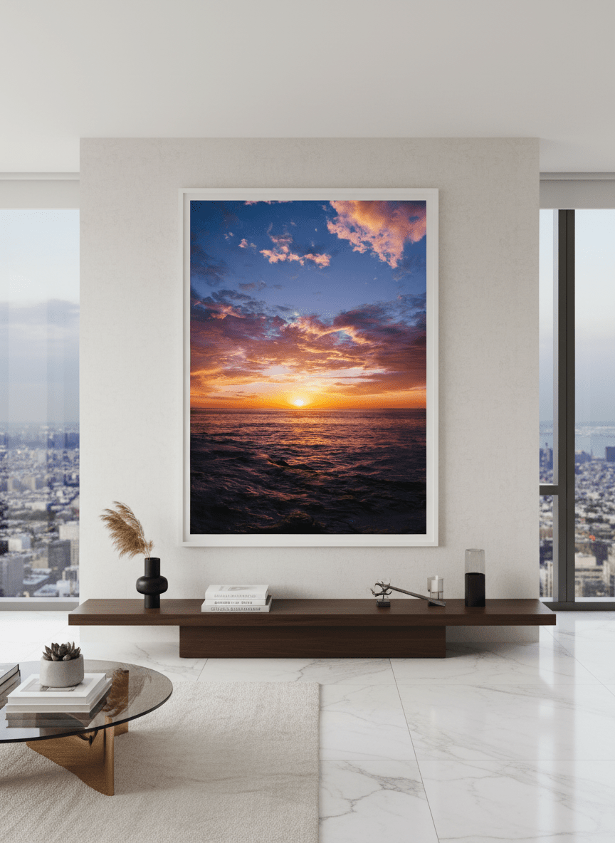 Monumental artwork centred on a feature wall in a luxe interior