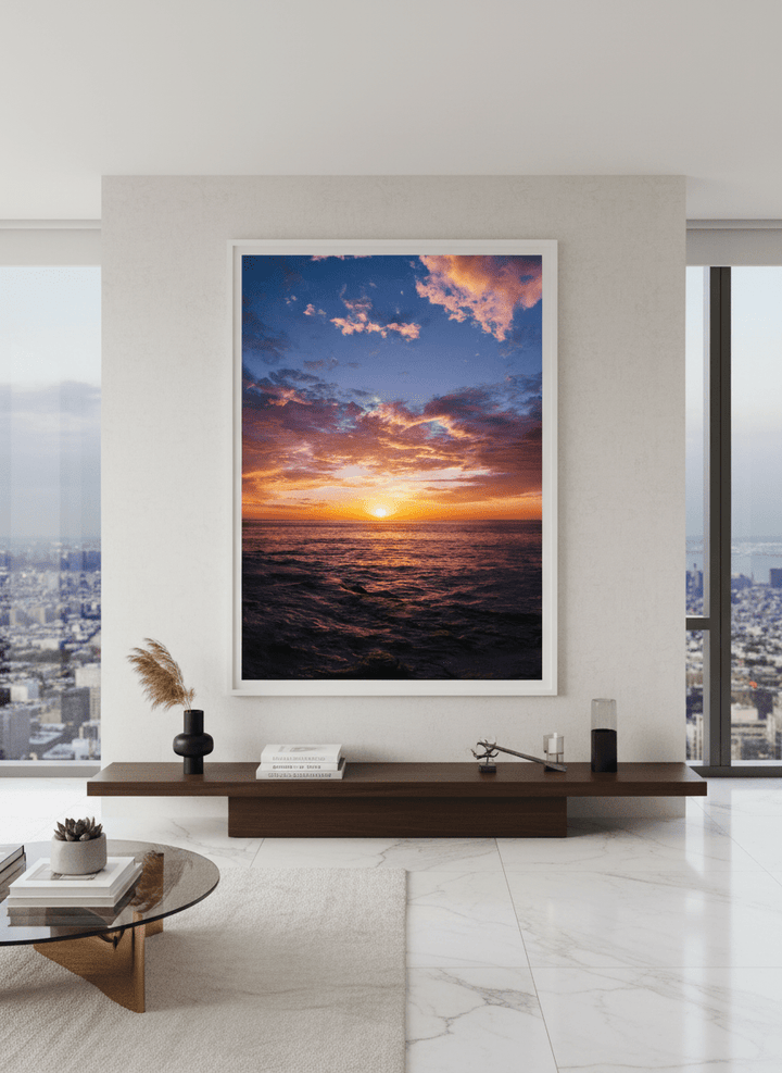 Monumental artwork centred on a feature wall in a luxe interior