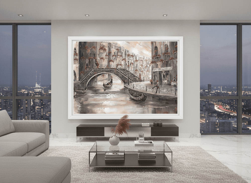 Monumental artwork centred on a feature wall in a luxe interior