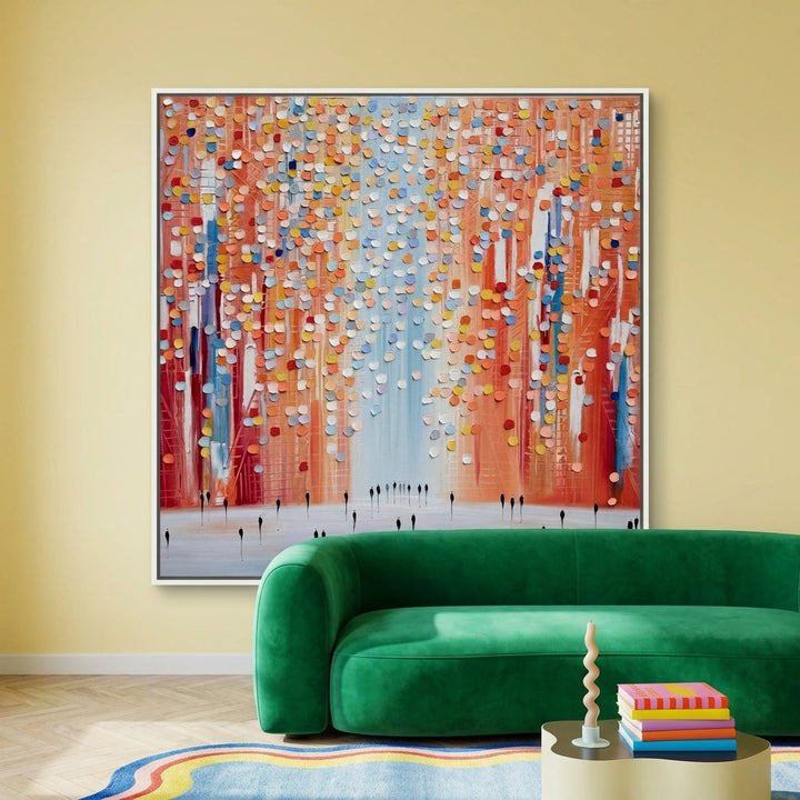 Canvas wall art with a white surround styled on the wall in a colourful eclectic living room