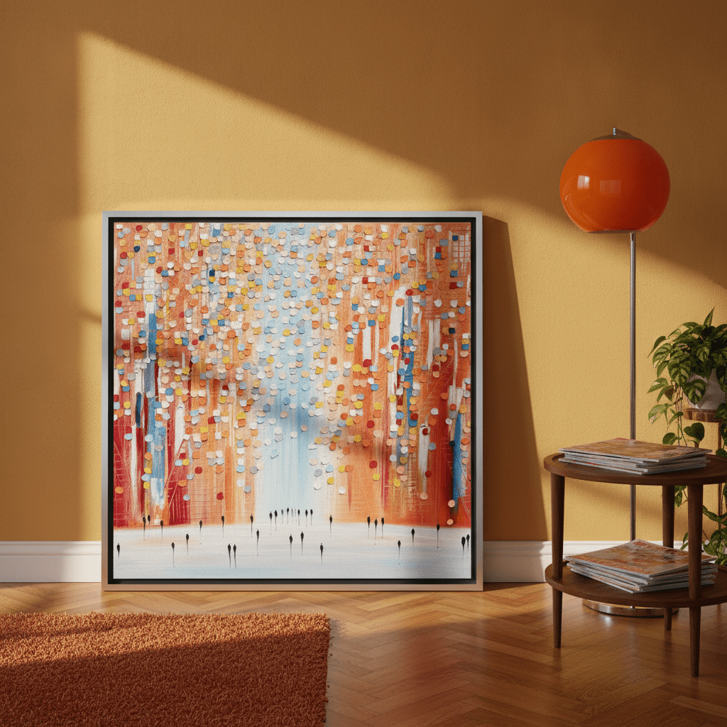 Canvas wall art with a silver leaf surround leaning against the wall in a retro 70s home office