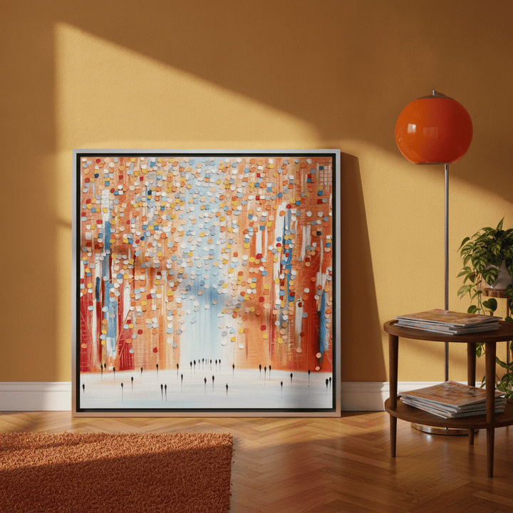 Canvas wall art with a silver leaf surround leaning against the wall in a retro 70s home office