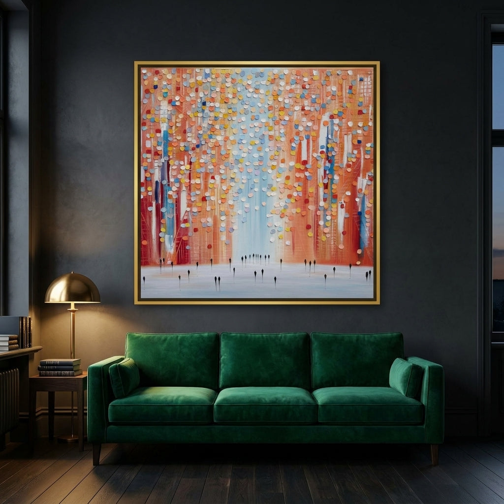 Oversized statement canvas wall art with a gold leaf surround styled on the wall in a moody living room