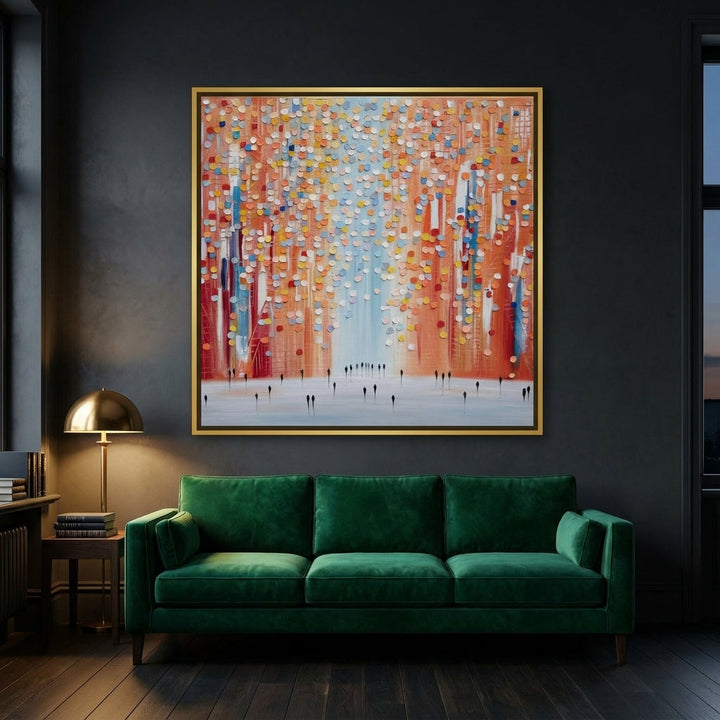 Oversized statement canvas wall art with a gold leaf surround styled on the wall in a moody living room