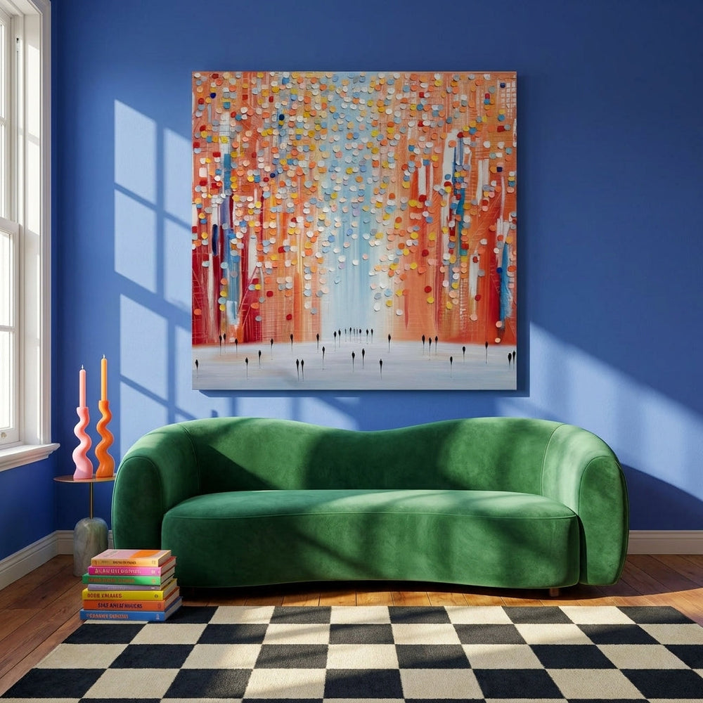 Stretched canvas wall art styled on the wall in a colourful eclectic living room