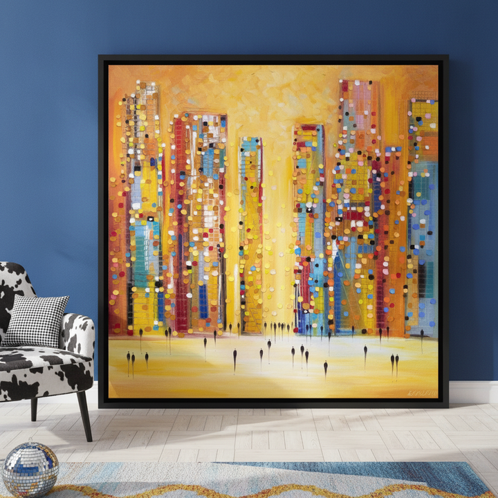Oversized statement canvas wall art with a black surround leaning against the wall in a colourful eclectic bedroom