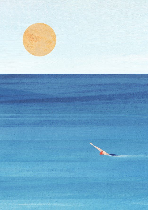 Person swimming in the ocean with a large sun in the sky. framed