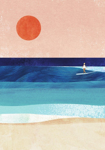 Surreal landscape with a person on a surfboard, red sun, and layered water and sand. framed