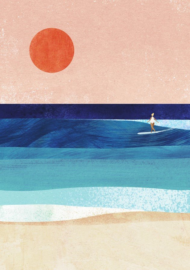 Surreal landscape with a person on a surfboard, red sun, and layered water and sand. framed