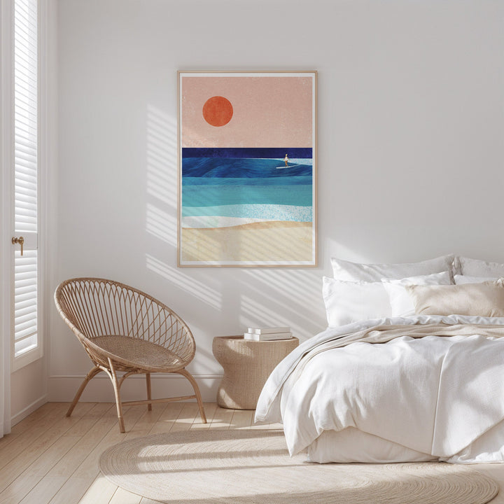 Modern bedroom with a bed, chair, and abstract wall art