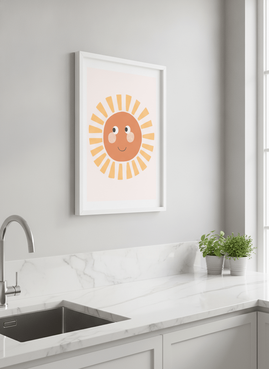 Artwork styled on the wall of a bright modern kitchen